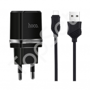 Сетевое зарядное устройство/СЗУ USB Hoco C12 (2A, 2 порта, кабель MicroUSB) Черный